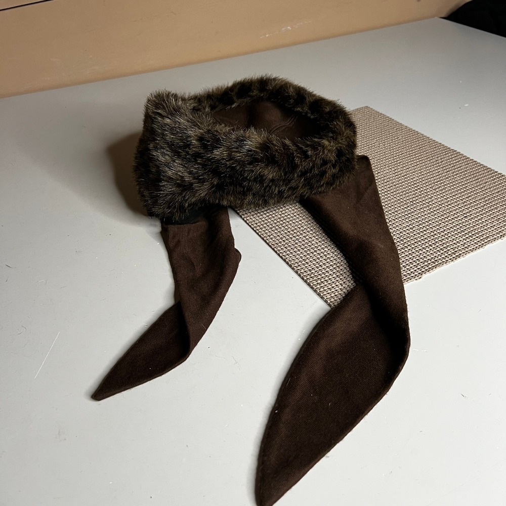 Vintage Style Brown Faux Fur Trim Cossack Hat with Long Scarf Ties One Size